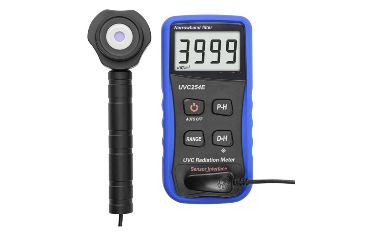 【Meta Description】UVC254E narrow-band UVC light meter reads the 254nm germicidal wavelength from 1 µW/cm² to 39.99 mW/cm²  ±8% accuracy  for UVC lamp verification.