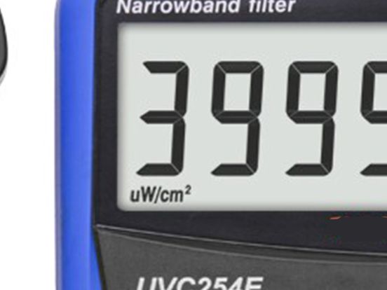 【Meta Description】UVC254E narrow-band UVC light meter reads the 254nm germicidal wavelength from 1 µW/cm² to 39.99 mW/cm²  ±8% accuracy  for UVC lamp verification.